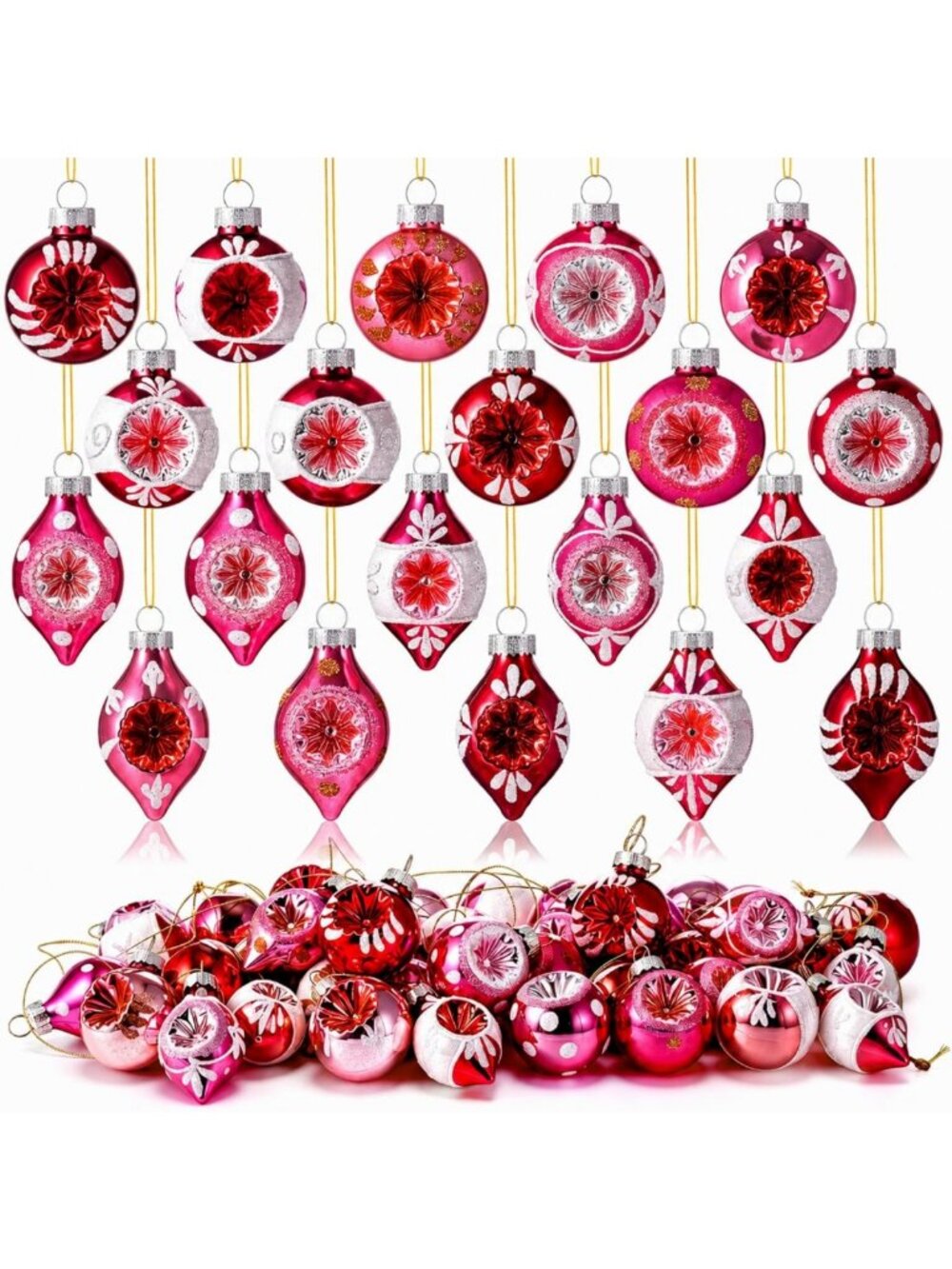 40 Vintage Christmas Glass Ornaments Set - Reflector Balls, Holiday Decor